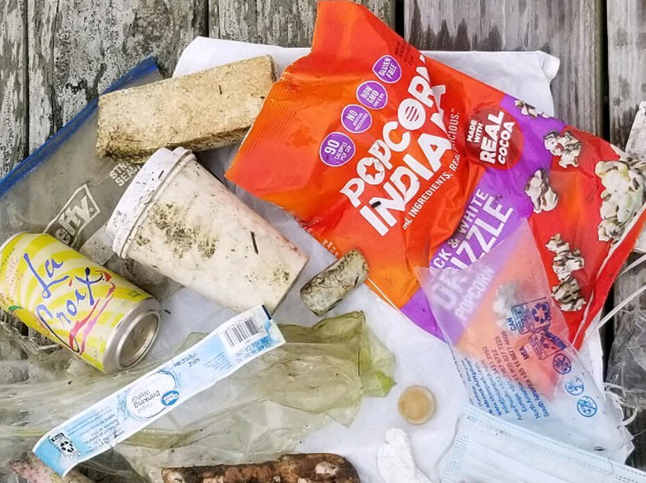 An assortment of litter retrieved from a watershed displayed on a wooden dock.