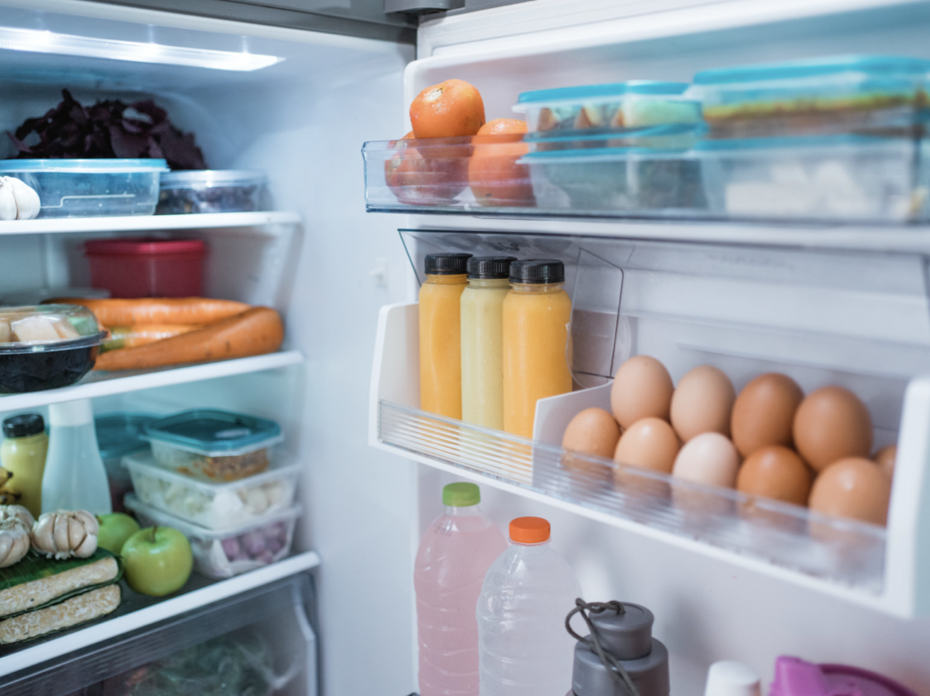 Fridge with food in it.