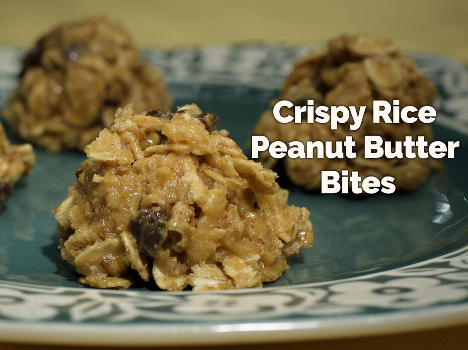 Four Crispy Rice Peanut Butter Bites made with oats, peanut butter, mini chocolate chips, crispy rice cereal, and honey sit on a small dark turquoise plate with a floral border. 
