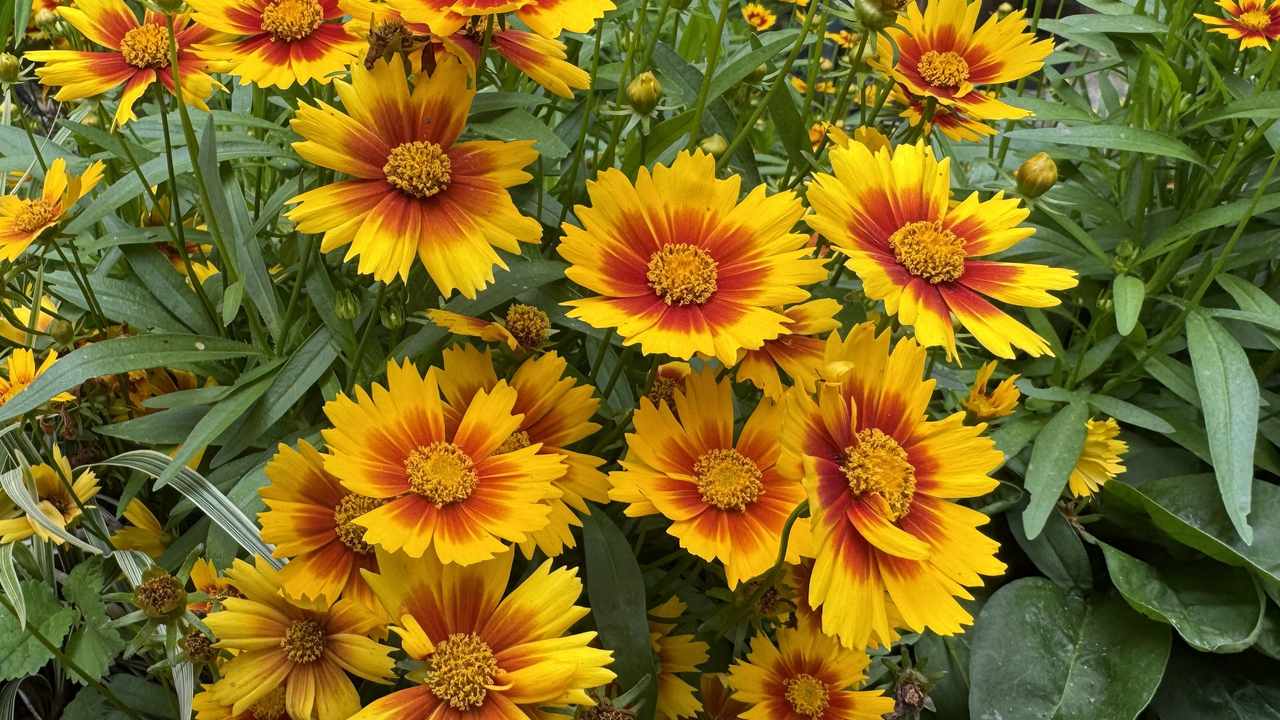 A cluster of yellow flowers has bronze-red centers.