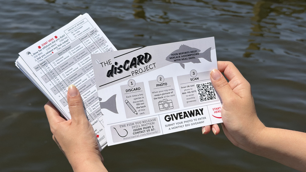Hands holding project survey cards and an instructional card with a QR code near a dock.