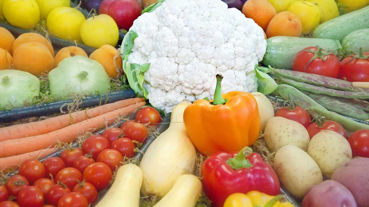 A colorful display of fruits and vegetables features a head of white cauliflower in the center with tomatoes, bell peppers, yellow squash, potatoes, plums and more radiating outward.