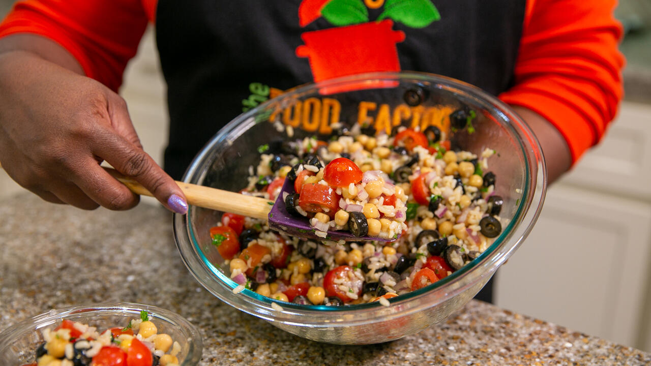 A bowl of Mediterranean Salad.