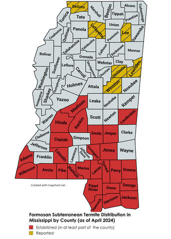 A map highlighting counties with formosan termites.
