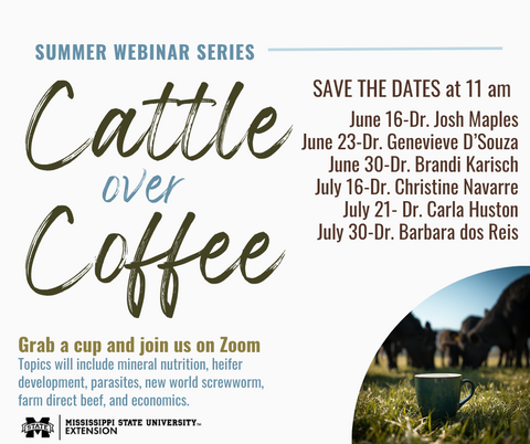 Flyer describing dates for cattle over coffee webinar series