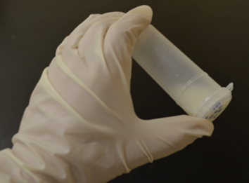 A gloved hand holds both ends of a milk sample vial.