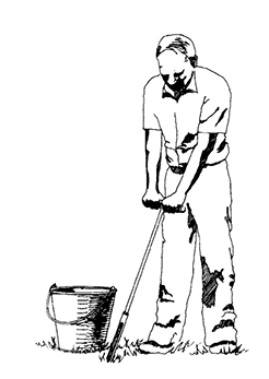 Illustration of a person using a soil probe to collect a uniform soil core from the ground.