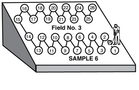 Diagram shows a zigzag sampling pattern used to collect multiple soil cores across a field for a representative composite sample.