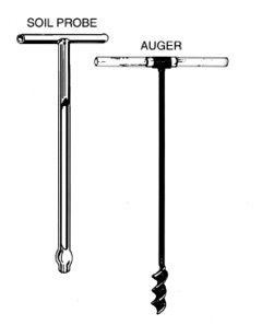 A side-by-side comparison of a soil probe, which is a long, narrow tube with pointed tip, and an auger, which is long and narrow with a spiral tip. 