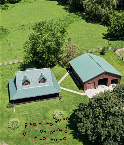 Aerial view of the house and yard from page 1, this time with circles and arrows indicating how to take soil plugs in the front yard. More information in caption.