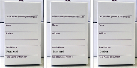 Soil sample containers showing area for writing name, address, email/phone, and field name or number. These containers have the field names "front yard," "back yard," and "garden."