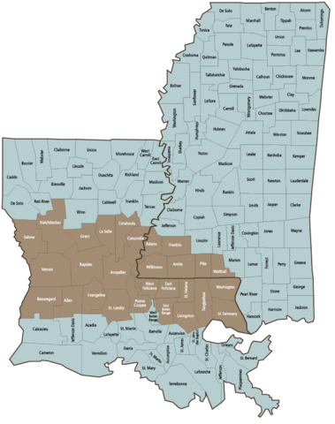 A map shows counties in Mississippi and Louisiana that lie over the Tuscaloosa Marine Shale. The Mississippi counties are listed in the first paragraph.