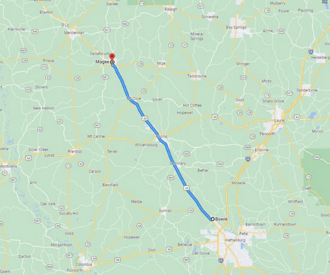 A map image illustrates the distance of 40 miles from Magee, Mississippi to Bowie, Mississippi.